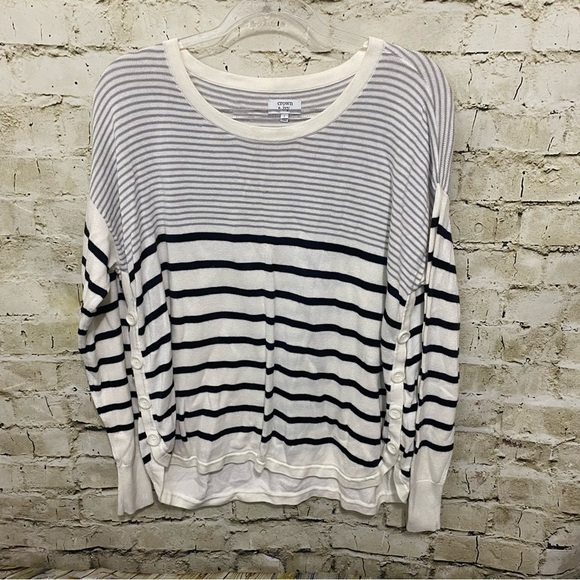Crown & Ivy White Gray Striped Side Button Knit Sweater - Picture 1 of 6